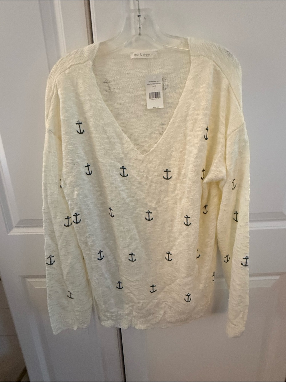 Mia & Tess Women's White Anchor V-Mia & Tess Women's White Anchor V-Neck Sweater
